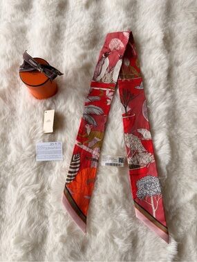 Hermès Precious Paradise Twilly Silk Scarf Rouge Bronze Orange